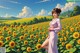 A woman standing in a field of sunflowers.